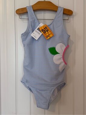 NWT Florence Eiseman Flower Side Cut Out One Piece Swimsuit Size 8 Blue Stripe